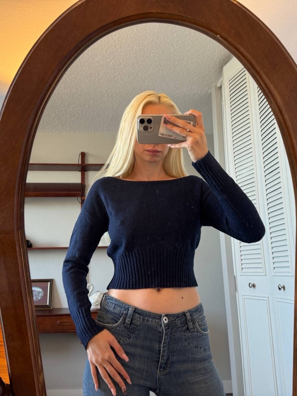 Women’s Navy Cropped Ribbed Sweater - Classic Knit Top